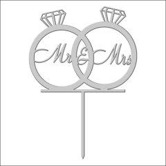 Топпер декоративный акриловый "Свадебные кольца "Mr&Mrs" на палочке" Серебро 10х8 см ТСК35