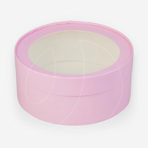 Коробка для сладостей с окном круглая розовая 16х7 см 070403